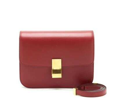Authentic CELINE Classic Box Bag In Red Burgundy Calfskin